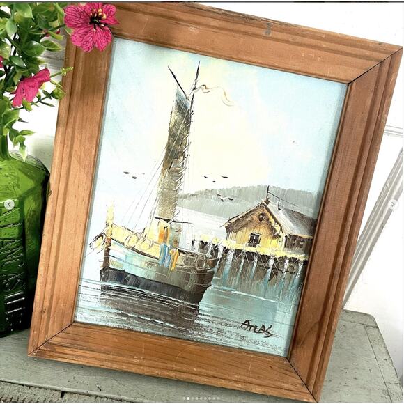 Vintage Boat Painting Canvas Signed Docked Harbor Framed Water Seascape Scenery - Picture 2 of 9